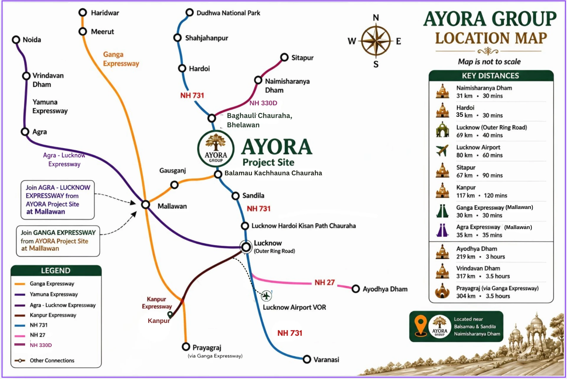 AYORA Projects strategic location map with distances to Naimisharanya Dham, Lucknow, Hardoi, Sitapur, Kanpur and connecting expressways