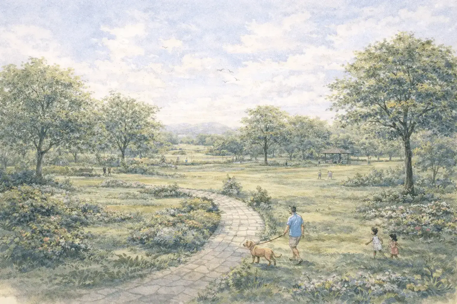 Hand painted illustration of a family enjoying a green landscaped community park
