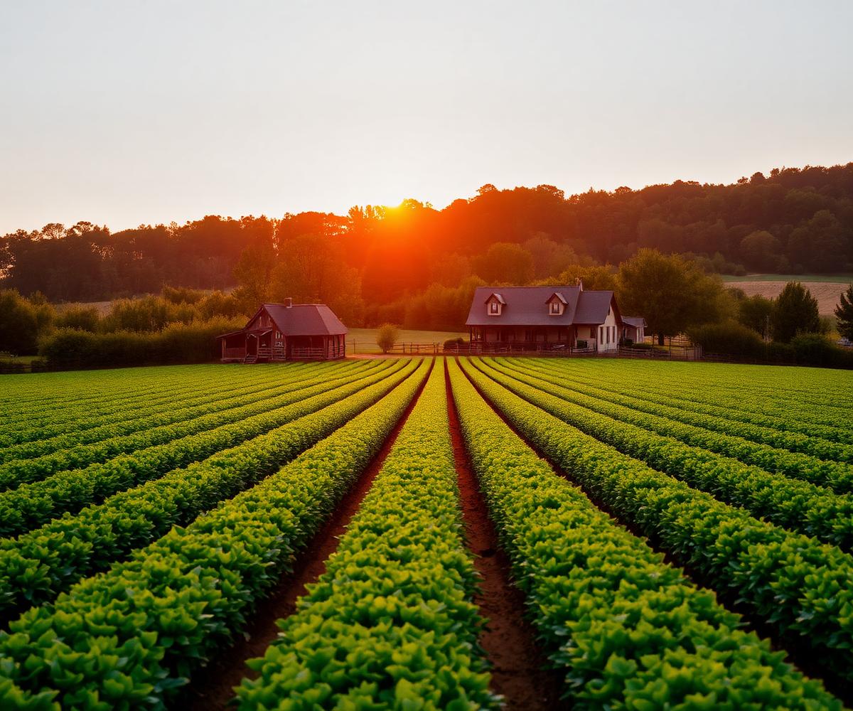 Cinematic view of managed farmland at golden hour with a farmhouse