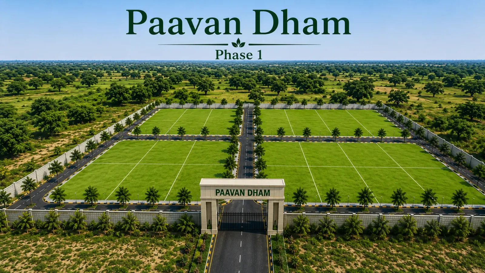 Paavan Dham Phase 1 — road winding through green farmland